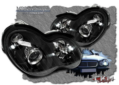 C-Class - W203 01-06 - Clear FACELIFT frontlights projector C55 look 2pcs Black Halogen/Xenon