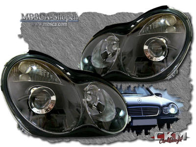 C-Class - W203 01-06 - Clear frontlights projector Black 2pcs Halogen/Xenon
