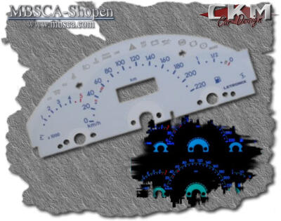 A-Class - W168 - White plasma gauges with blue text. 220km/h