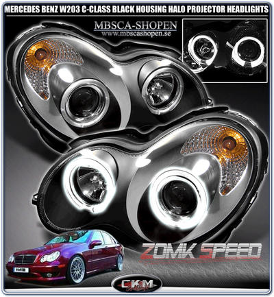 C-Class - W203 01-06 - Clear frontlights projector 2pcs Angel Eyes Black